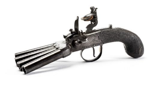 Four barrel duckfoot pistol produced by McDermot of Dublin, Ireland, circa 1810.