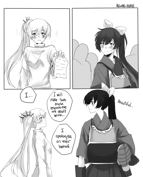 azure-zer0:RWBY: Checkmating/MonochromeWeiss is in the fencing club and Blake is in the Kendo clubBased on this ask on Dashingicecream’s blog, I spent way too much time on this request  you’ve brought this ask to justice wonderfully <3