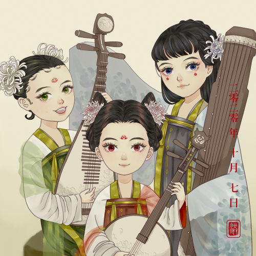 hongqiaofei:OCtober Day 4 - SiblingsThe Hong sisters in a Tang dynasty style hanfu, with chinese mus