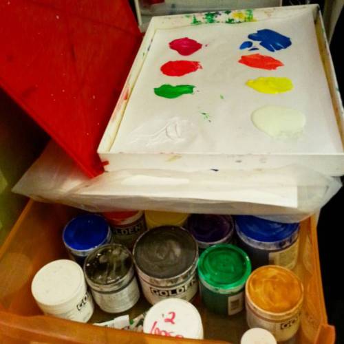 This is what my palette looks like right now. Buncha flourescent colors, plus phosphorescent green (AKA glow-in-the-dark paint), plus some zinc white mixed with some gel medium.   #studio #painterslife #acrylic #golden #artofinstagram #artistsoninstagram