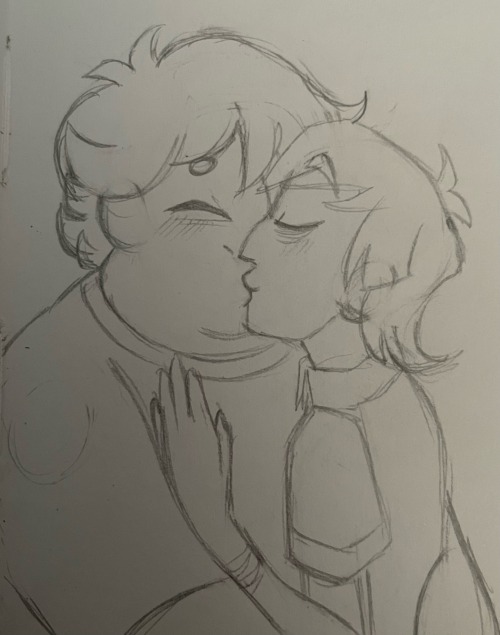 Pencil sketch of Noah and Owen kissing. Noah leans on Owen with a hand on his chest and smiles. They both blush.