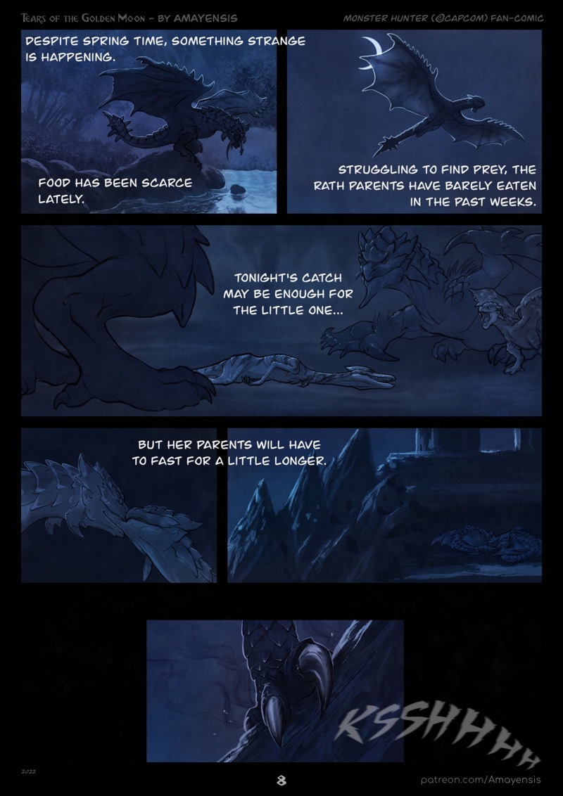 Page 8 of my Monster Hunter fan comic, Tears of the Golden Moon 🌙 Find it here: Patreon • Tapastic • Webtoon