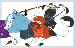 knightinshiningmohawk:  Commission done for chubbyarcpup &amp; fluffmonster-art Jasper and masters Arc and Sirius decided to celebrate the New Year a bit early by indulging in an assortment of alcohol, various liquors and, of course each other’s bodies.