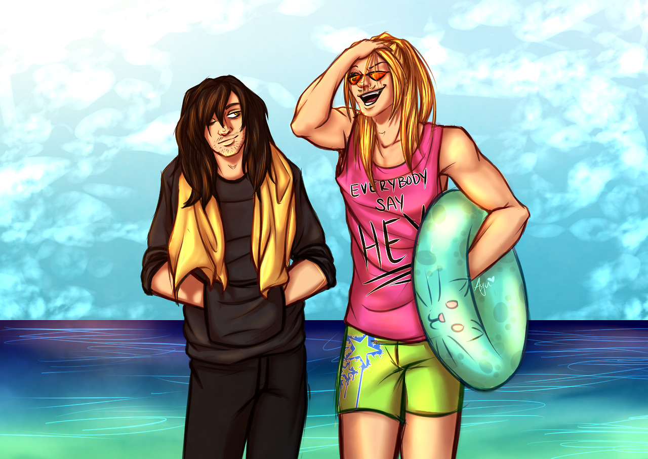 ayu-draws:Just imagine: Beach Episode where, despite Mic’s pleading, Aizawa refuses