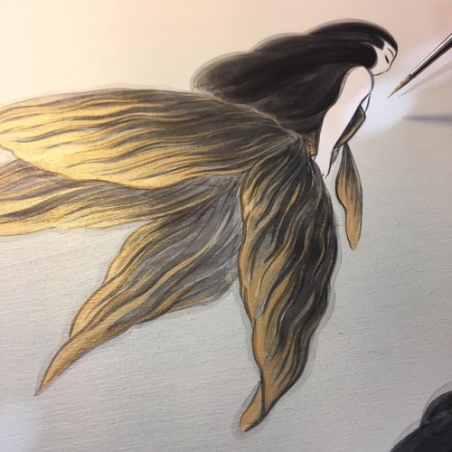 Brush work on new #GoldfishMermaid submission for @bedfordgallery today #goldfish #mermaid #asianart