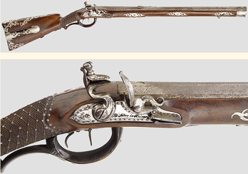 Ornate silver mounted flintlock rifle crafted by Blasius Sailer of Germany, circa 1800.from Hermann 