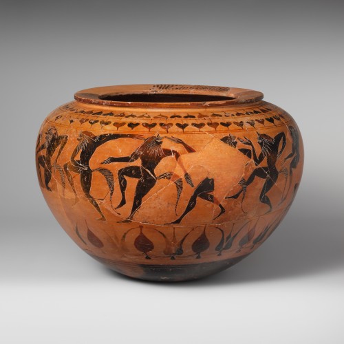 Dinos (deep round-bottomed bowl) decorated with satyrs reveling. Late 6th c. B.C.; terracotta. Attri