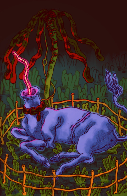 a body farm unicorn in captivity, based on ye olde medieval Unicorn Tapestries. available as glossy 