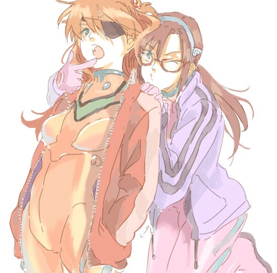 as-warm-as-choco:  Asuka Langley with her actual girlfriends Rei (レイ) and