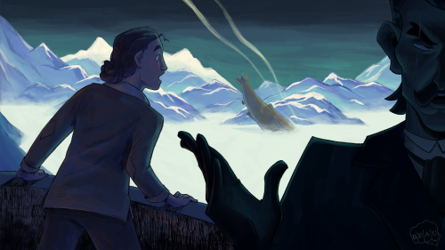 A digital illustration of Alek witnessing the Leviathan's crash in the mountains. He is leaning over the balustrade with a shocked expression on his face, as the Leviathan crashes through the cloud cover in the distance. In the foreground, Volger is walking away with a dismissive expression on his face.