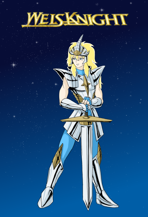 Minecraft youtuber Welsknight in the style of Knights of the Zodiac. He is dressed in super shiny chromatic armor and has large fluffy hair. He also has a sword, which technically he is not supposed to have as a Saint, but I had to give Wels a sword. He's a proper knight!