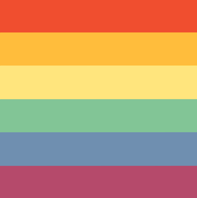 ID: A femme rainbow flag with 6 stripes that are, from top to bottom, red-orange, yellow-orange, pale yellow, light green, blue, and dark pink. end ID