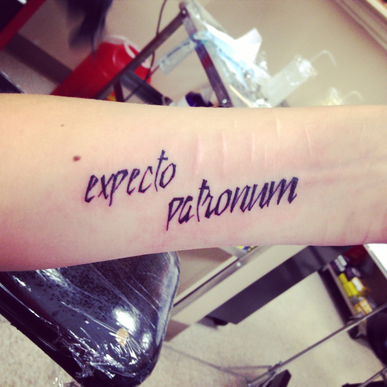 Harry Potter Tattoos — My tattoo on my left wrist. “Expecto Patronum,” a...