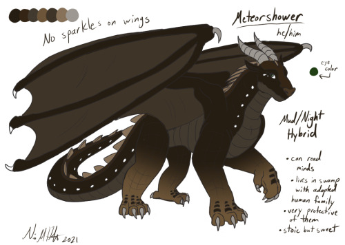 Meteorshower is a hybrid dragon raised by scavengers/humans, who befriends Mirage and eventually att