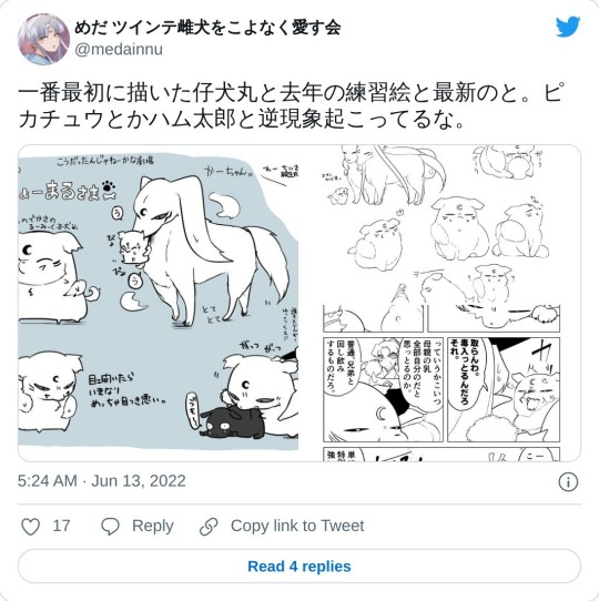 一番最初に描いた仔犬丸と去年の練習絵と最新のと。ピカチュウとかハム太郎と逆現象起こってるな。 pic.twitter.com/CKHsTm785C — めだ ツインテ雌犬をこよなく愛す会 (@medainnu) June 13, 2022