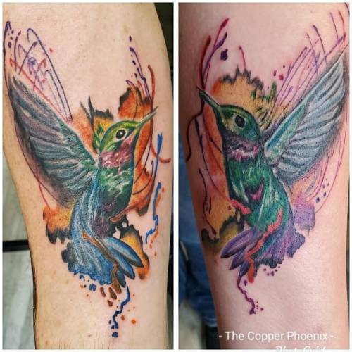 <p>I got to spend the day yesterday hanging out with this awesome couple doing matching hummingbirds.   Thank you for trusting me with part of your special day!  Happy Anniversary!!!<br/>
.<br/>
#ladytattooer #thephoenix #copperphoenix #shelbyvilleindiana #indianapolistattoo #indylocal #do317 #indytattoo #circlecity #waverlycolorco #hummingbird #hummingbirds #hummingbirdtattoo #couplestattoos #happyanniversary #watercolortattoo #artistsoninstagram #artistsofinstagram (at Shelbyville, Indiana)<br/>
<a href="https://www.instagram.com/p/CGk20JfgMJq/?igshid=lx4ibk2cxu5d">https://www.instagram.com/p/CGk20JfgMJq/?igshid=lx4ibk2cxu5d</a></p>