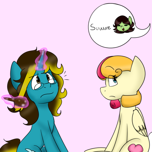 asksweetdisaster:  Sweet: It’s the truth! And my hair is just naturally curly made defined by the mane cut! ^u^ (( Went through a small art block with this one but got it done finally xD Featuring Lola ^^ EDIT: Forgot the magic on the last panel xD