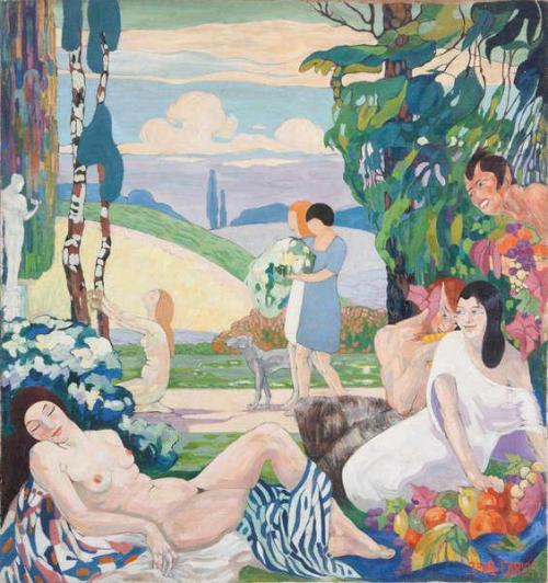 Jane Carion (1892–1945)Arcadian landscape with female figures and satyr