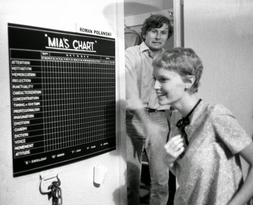 pickledelephant:Roman Polański with Mia Farrow as she discovers her chart on the set of Rosemary’s B