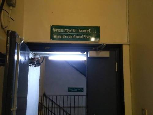“Welcome to the basement…oops, sorry, the women’s prayer room! Can you guess which mosq