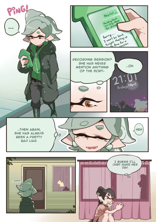  (Belated) April Fools’ comic of the Squid Sisters.  Neither of them can fool the other. 