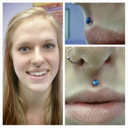 piercerkristy:  Just did this striking philtrum piercing on Millie with a blue opal from Anatometal.  Kristy Baird Sacred Piercing 814-454-3004www.sacredpiercing.com