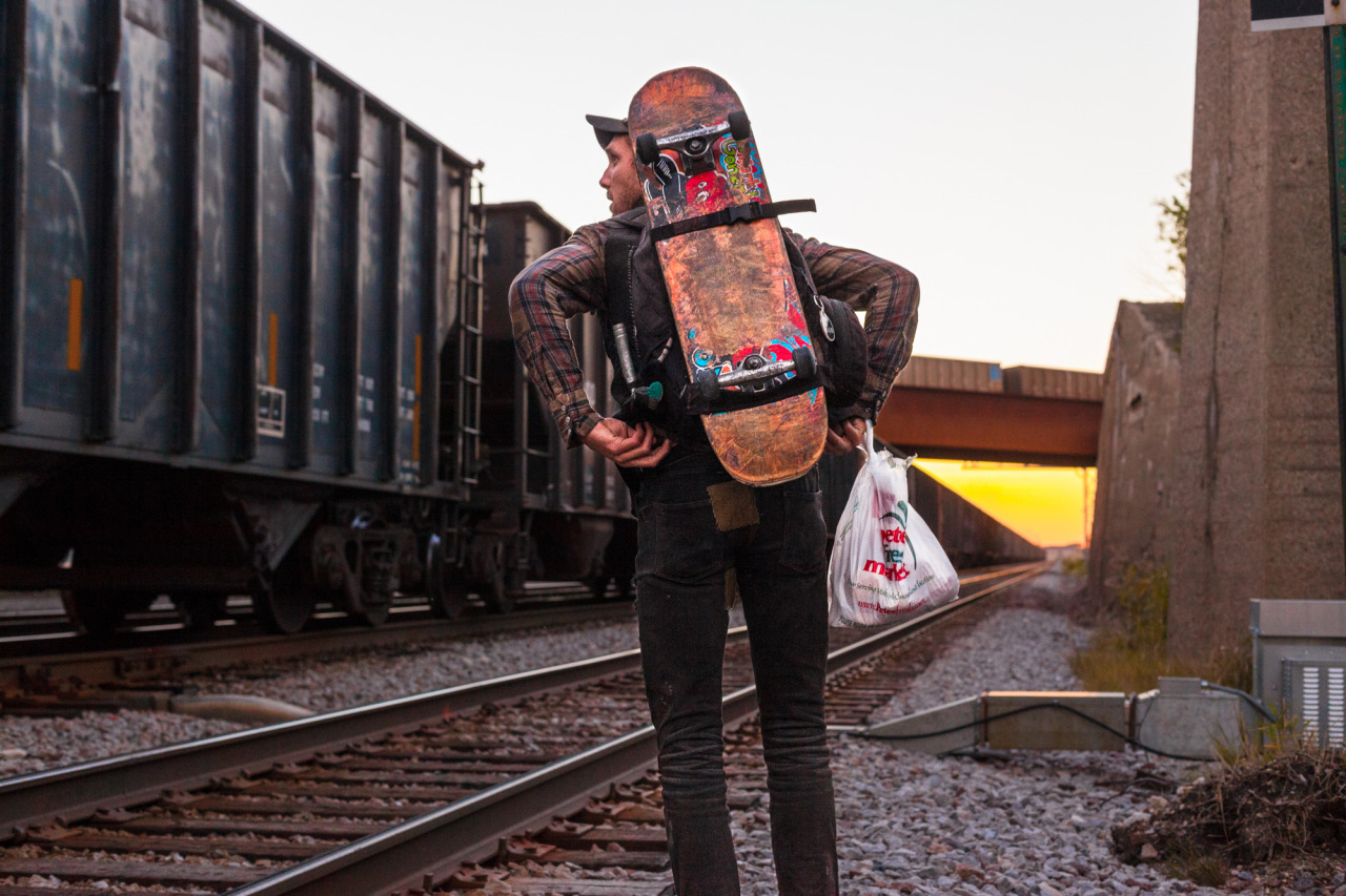 gregwasout:  Shea hopping on a freight train. Chicago, Illinois. September 2013.