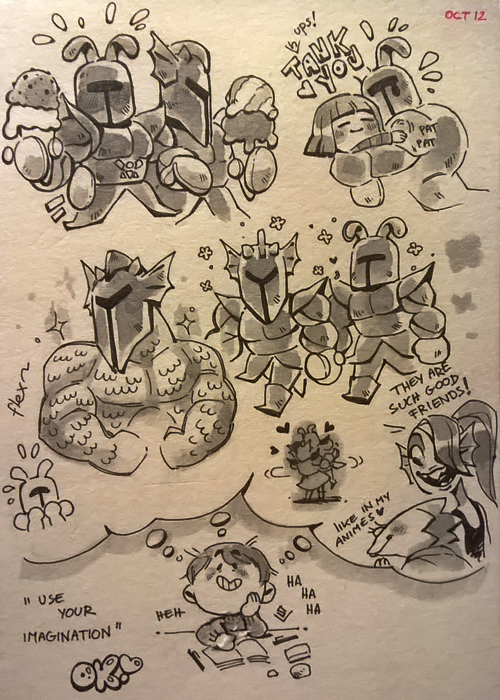 cottonbun:  Inktober days: 7-12 *makes a so-so hand gesture* Red + Blue + Black Micron pens/brush 