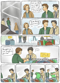 picturesquegoddess:  30 Day OTP Challenge: Day 8 (Shopping) Day 7 - Day 9 Dean taking Cas out to get some more Hunter appropriate clothesWaah this took so long u-u Edit: You can now buy the shirt