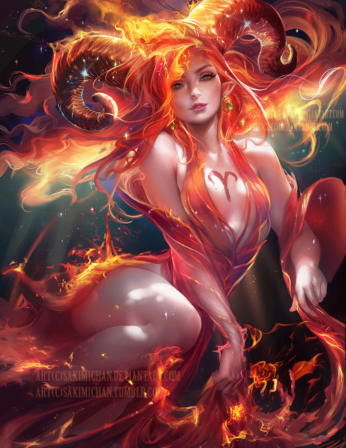 Aries for this month’s horoscope pinup :3 element of fire, the fire effect was fun to paint !g