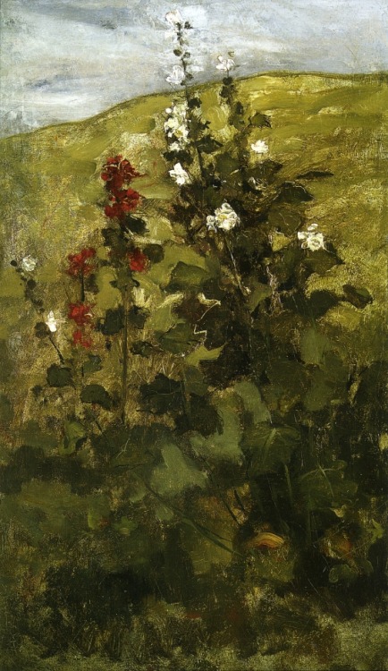john-henry-twachtman: Hollyhocks, 1889, John Henry TwachtmanMedium: oil,canvas