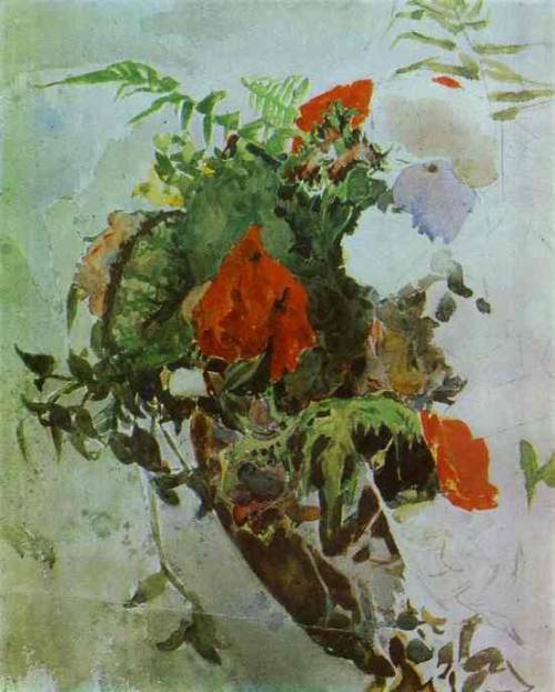 Red Flowers and Leaves of Begonia in a Basket, 1887, Mikhail VrubelMedium: watercolor,paper