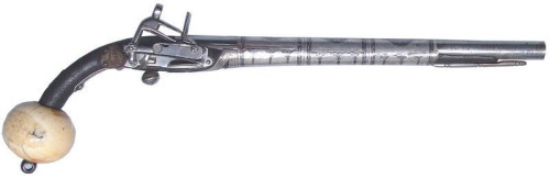 Silver niello mounted miquelet pistol with ivory ball butt, originates from the Caucuses, 18th centu