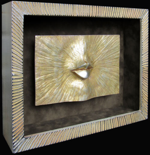 THE CENTER HOLDS - cast & carved plaster, aluminum leaf, paint, gray faux suede, carved wood, gl