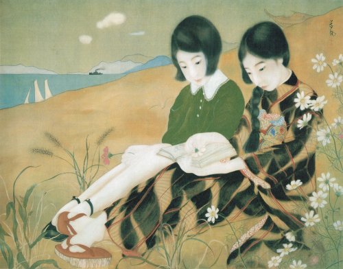 Kafu (Japanese, very little info is known) - Two Girls by the Sea, c. mid-1920s  Painting on Silk  