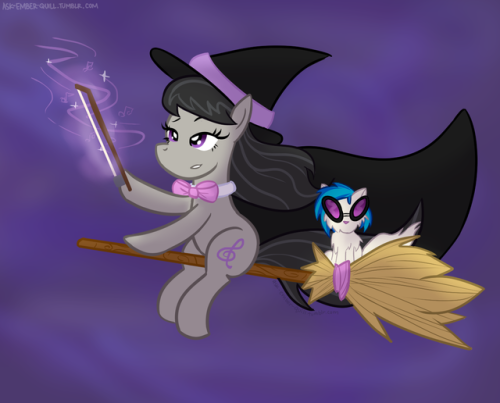 darnelg:  ask-ember-quill:   commission for @darnelg of Octavia as a October Witch with her very own familiar Vinyl Scratch! Thank you again Ember Quill! This looks incredibly cute! I love the litttle touches you added with Tavi’s bow being her wand.