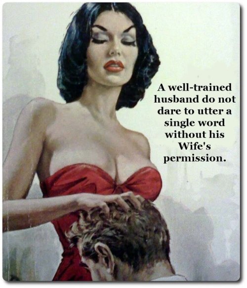 welcomematriarchy:A well-trained husband does not dare to utter a single word without his Wife&rsquo