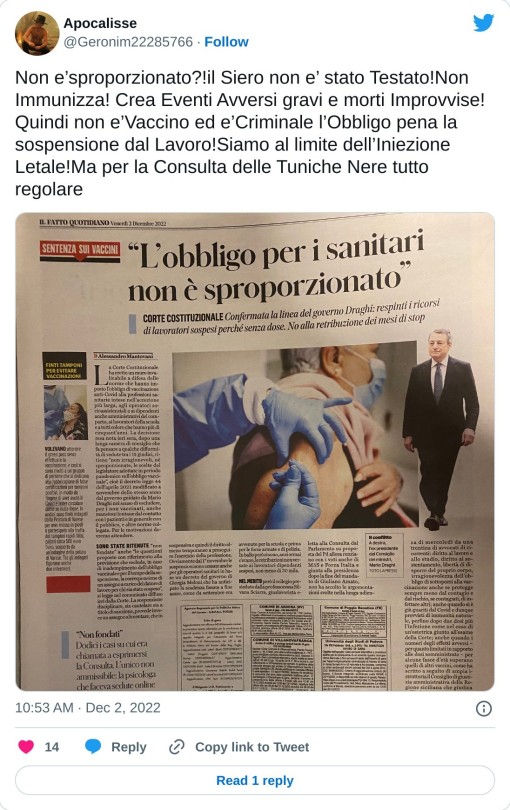 Non e’sproporzionato?!il Siero non e’ stato Testato!Non Immunizza! Crea Eventi Avversi gravi e morti Improvvise! Quindi non e’Vaccino ed e’Criminale l’Obbligo pena la sospensione dal Lavoro!Siamo al limite dell’Iniezione Letale!Ma per la Consulta delle Tuniche Nere tutto regolare pic.twitter.com/jmqoJ3xDHc  — Apocalisse (@Geronim22285766) December 2, 2022