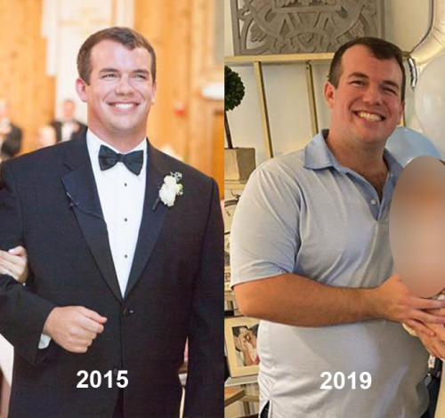 The dadbod struggle is real– from 180 lbs during engagement to around 280 post fatherhood!