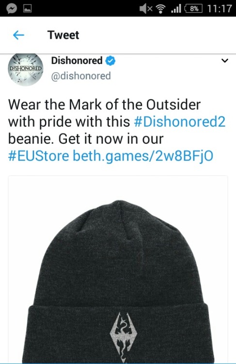 smerchingaround:Du..de I’m actually cryign,,, like, Dishonored twitter just uploaded a Skyrim beanie