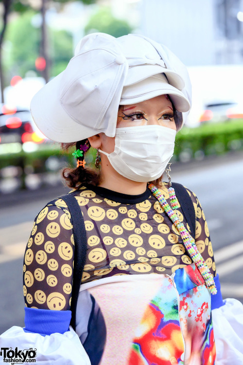 Japanese fashion designer/student Sakuran on the street in Harajuku wearing colorful handmade fashio