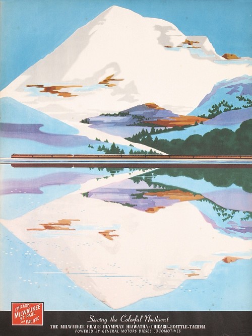 Bern Hill, artwork for rail travel poster Serving the colorful Northwest, 1952.