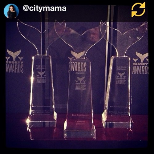 This. RG @citymama: We won (OMG!) three @shortyawards tonight! Best Twitter Campaign, Best Social Go