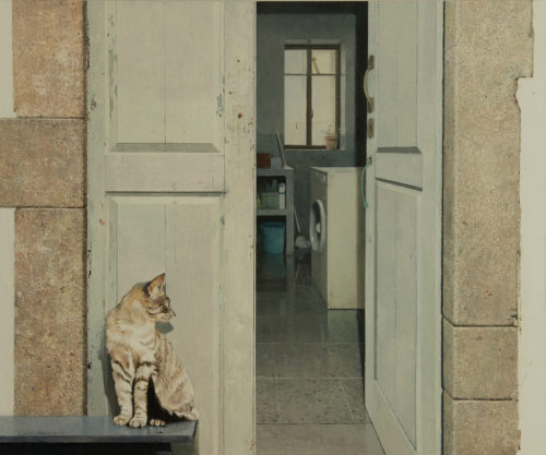 Cat at the door    -   Joseba Sánchez Zabaleta Spanish,b.1970-oil on panel, 72.1 × 86.8 cm.