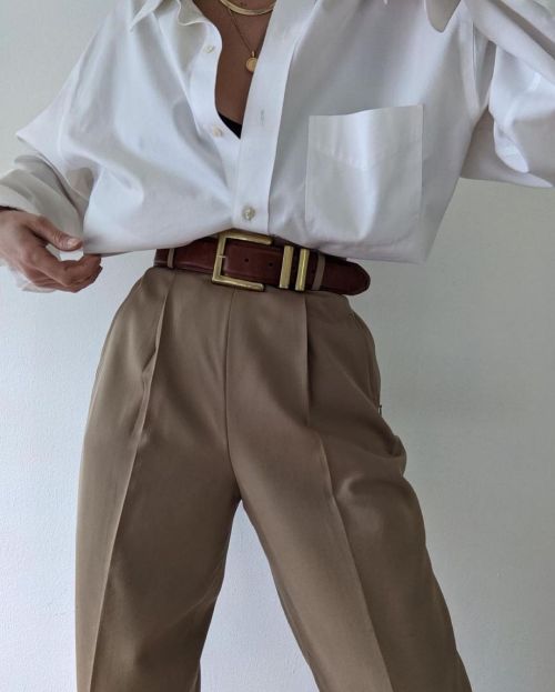 minimalstreetwear: Oversized White Shirt with High-Waist Belted Trousers