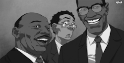 hueyfreemanonlyspeaksthetruth:  Dr. Martin Luther King Jr, Robert Jebediah Freeman and Malcolm X as portrayed in The Boondocks