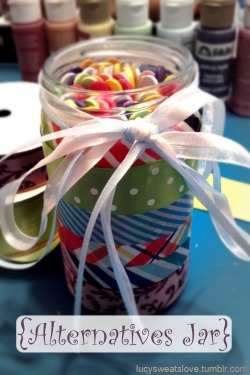 asarttherapy:  lucysweatslove:  Making an “Alternatives” JarFor anybody with issues with binge eating, purging, and/or self-harm (or any other type of urge), an “alternatives” jar is a good project! It is a jar filled with popsicle sticks that