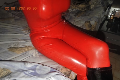 red latex catsuit