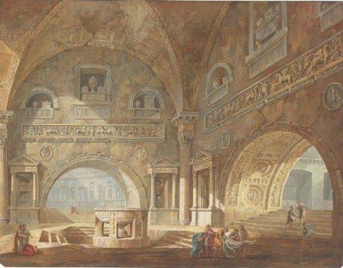 Charles-Louis Clerisseau “Interior of a Roman Building with Figures carrying the body of a Man