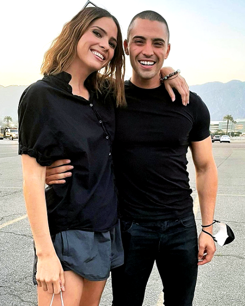 Shelley Hennig and Benjamin Levy Aguilar behind the scenes of The Woman in the House Across the Stre